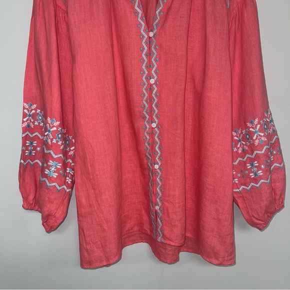 Tyler Boe Blouse Women's Size Medium Coral Pink 100% Linen Embroidered‎ Tunic - Picture 4 of 7